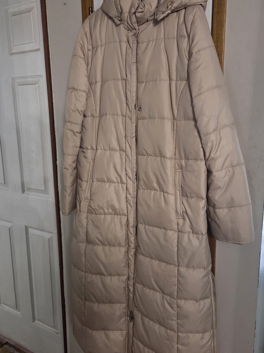 Long Quilted Hooded Puffer Coat - Beige